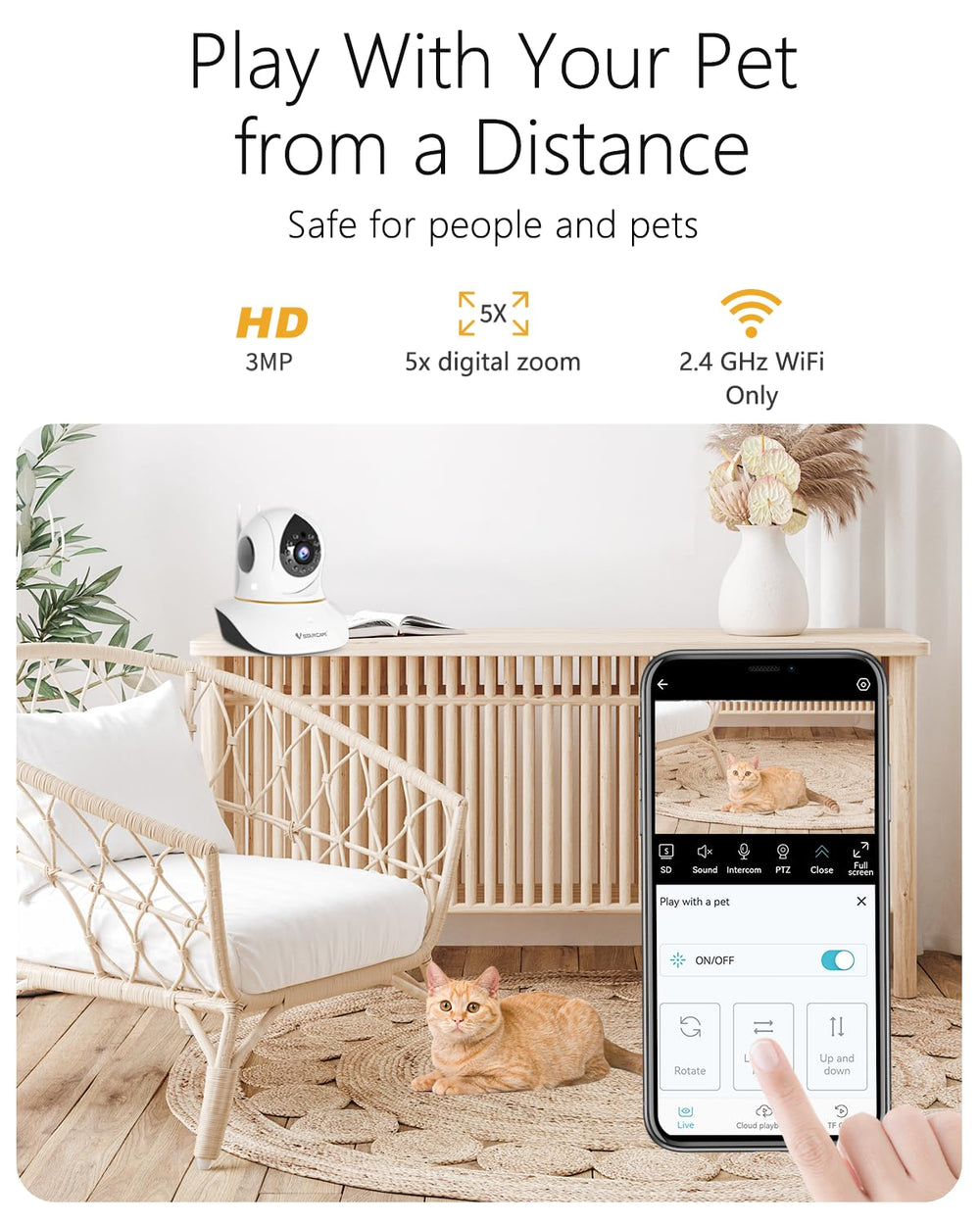 VSTARCAM 2K HD pet camera offers clear details of pets expressions and toys.