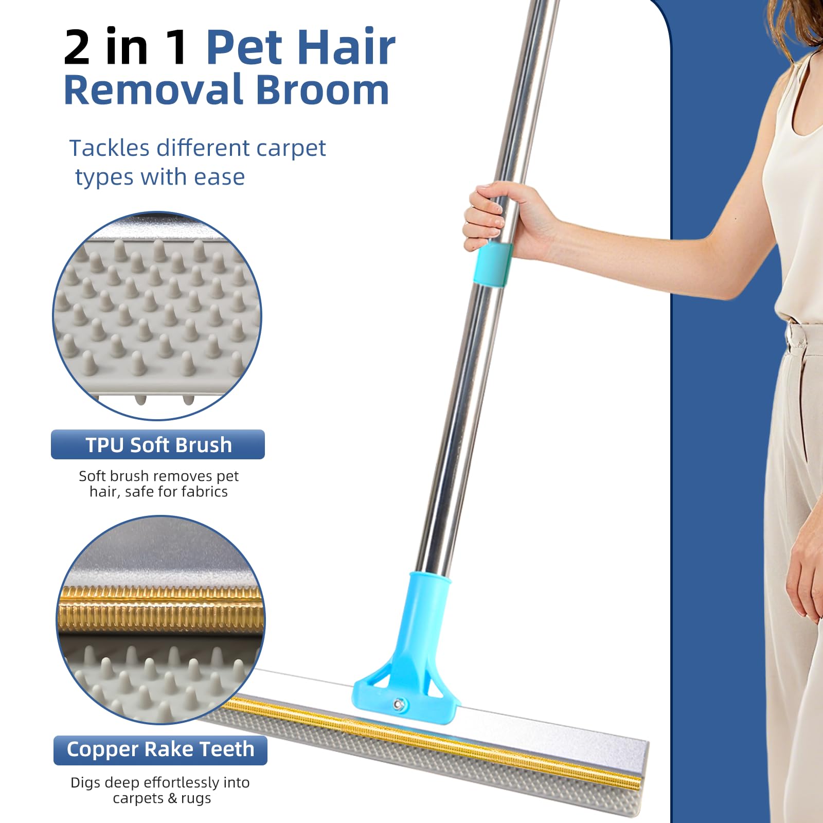 VTOPVMAX pet hair removal kit double-sided rug rake enables deep carpet cleaning