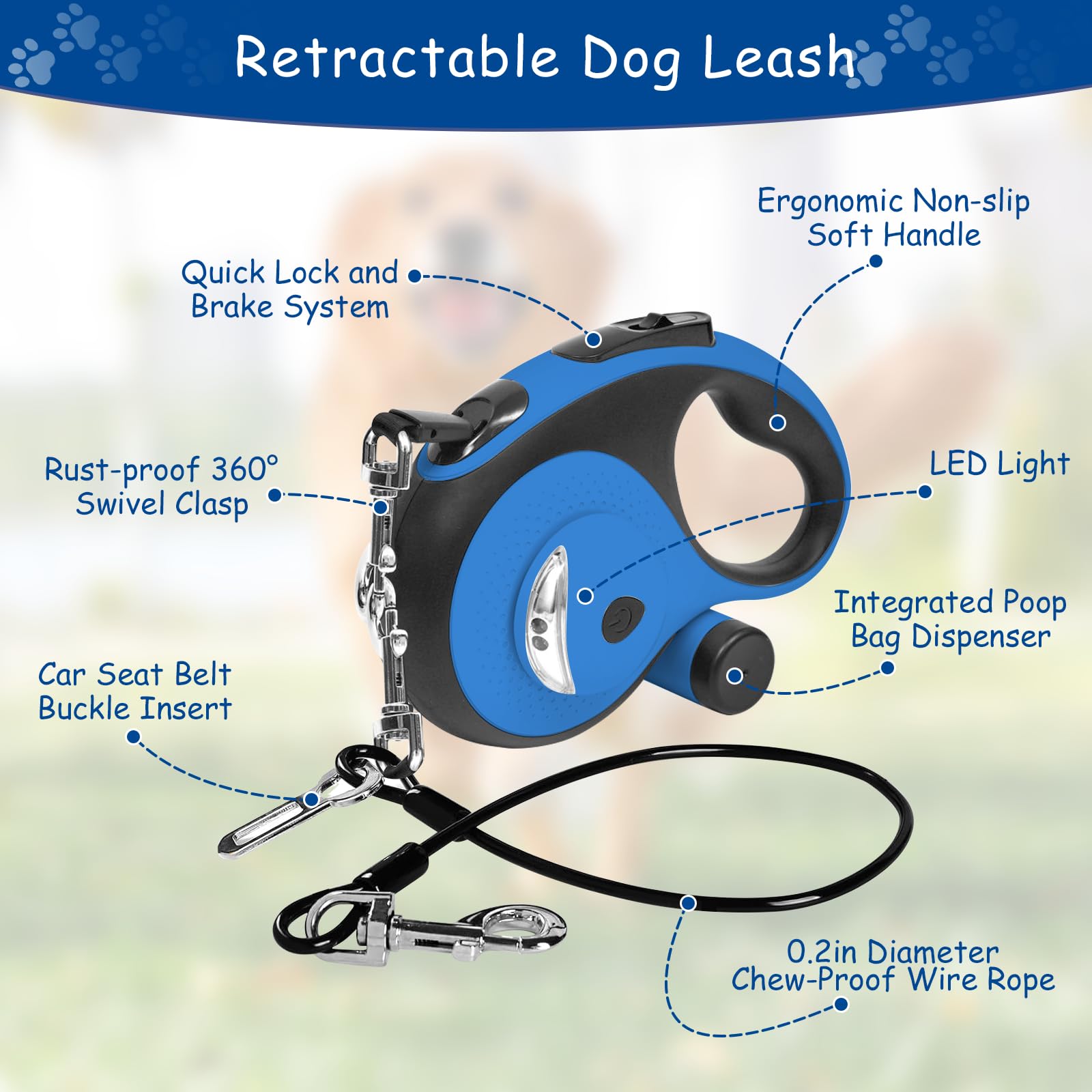 VTOPVMAX blue leash with poop bags and dispenser for on-the-go cleanup