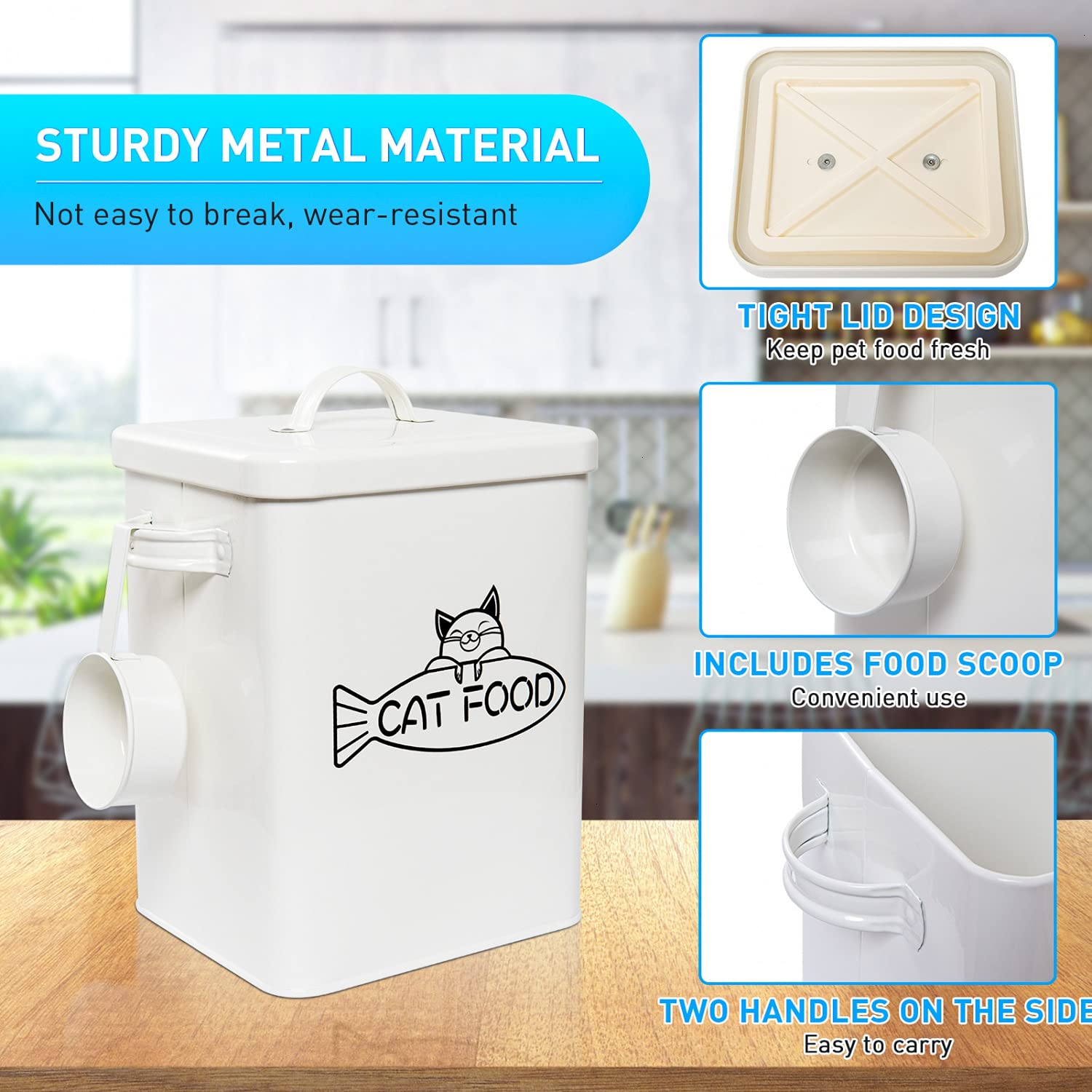 Vumdua pet food storage scoop beside container for easy portioning.