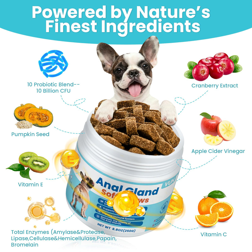 VUN Dog Anal Gland Chews on a treat board promoting routine digestive wellness.