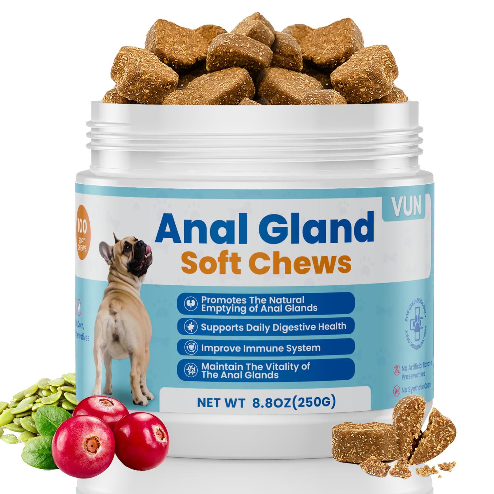 VUN Dog Anal Gland Chews packaging shown with pumpkin and probiotics for digestion support.