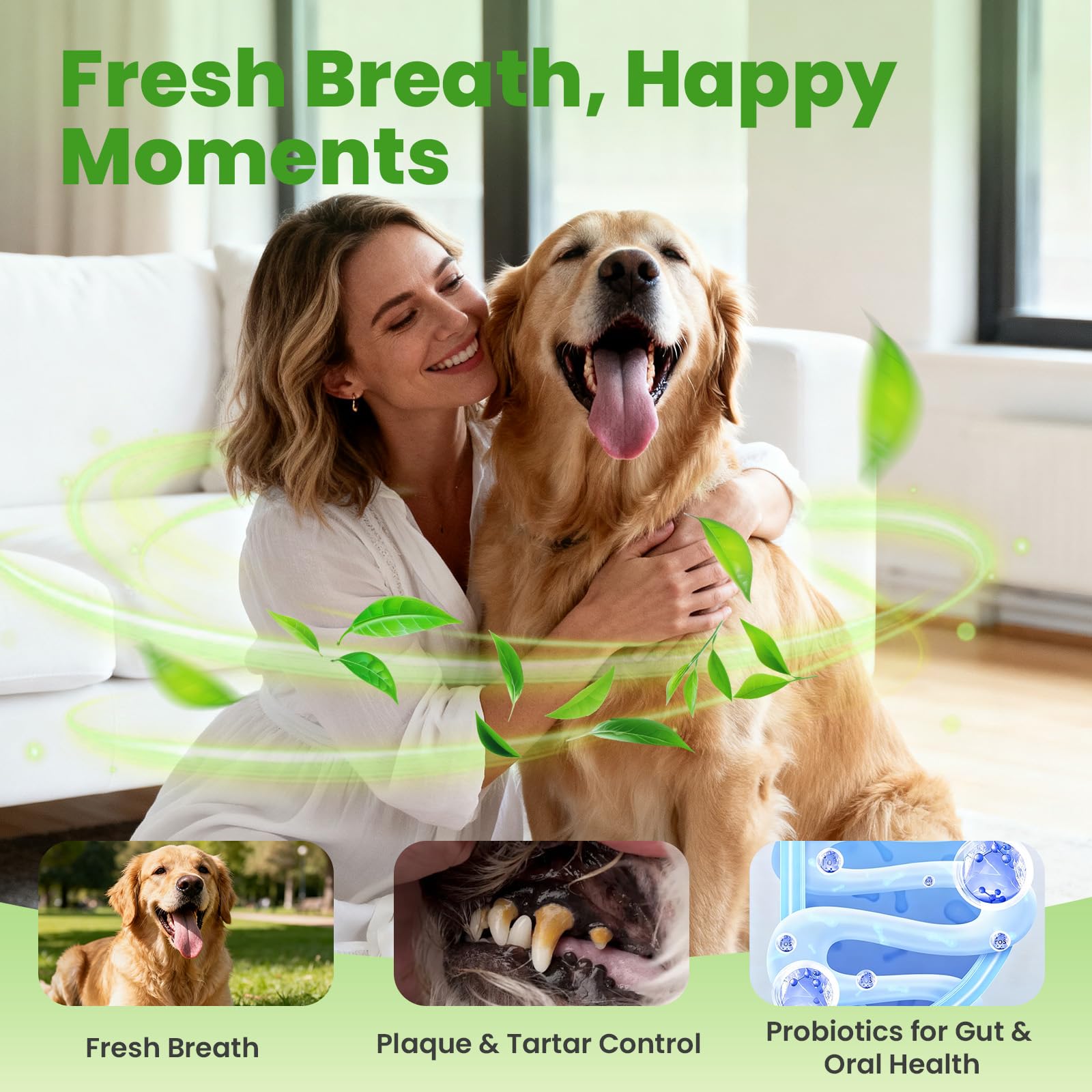 Close-up texture of VUN dog dental powder for easy meal mixing