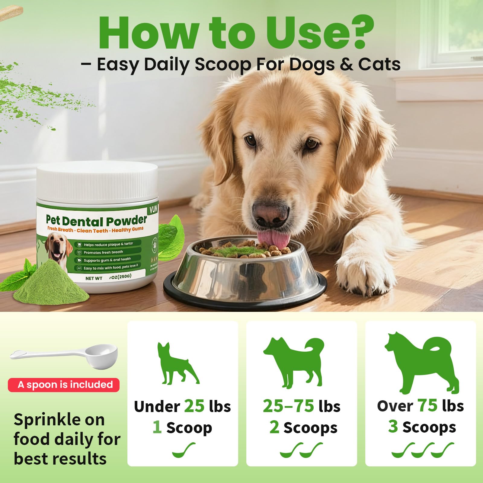 Dog bowl with VUN dental powder suggesting improved breath after meals