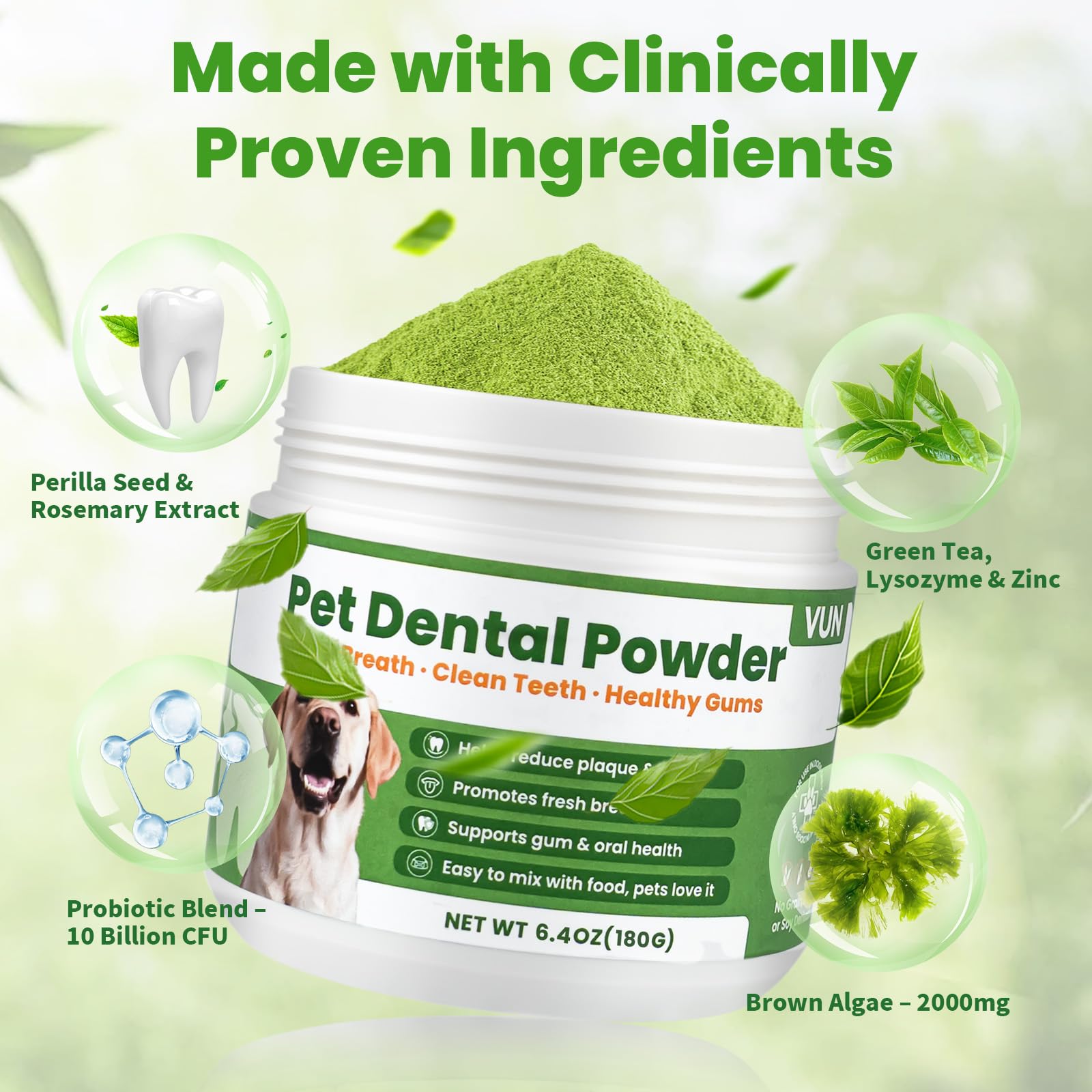 VUN dog dental powder being sprinkled on kibble for no-brush use