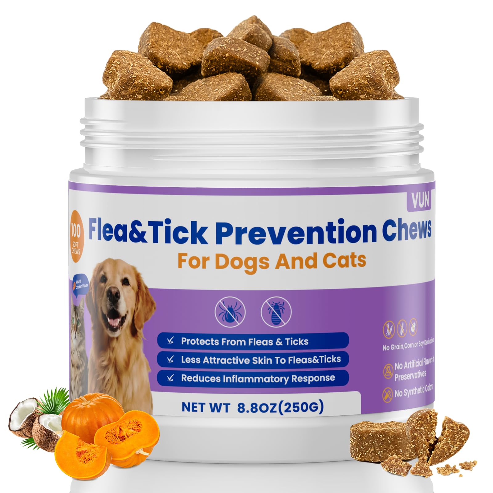 VUN dog flea tick chews bottle shows easy daily protection for dogs