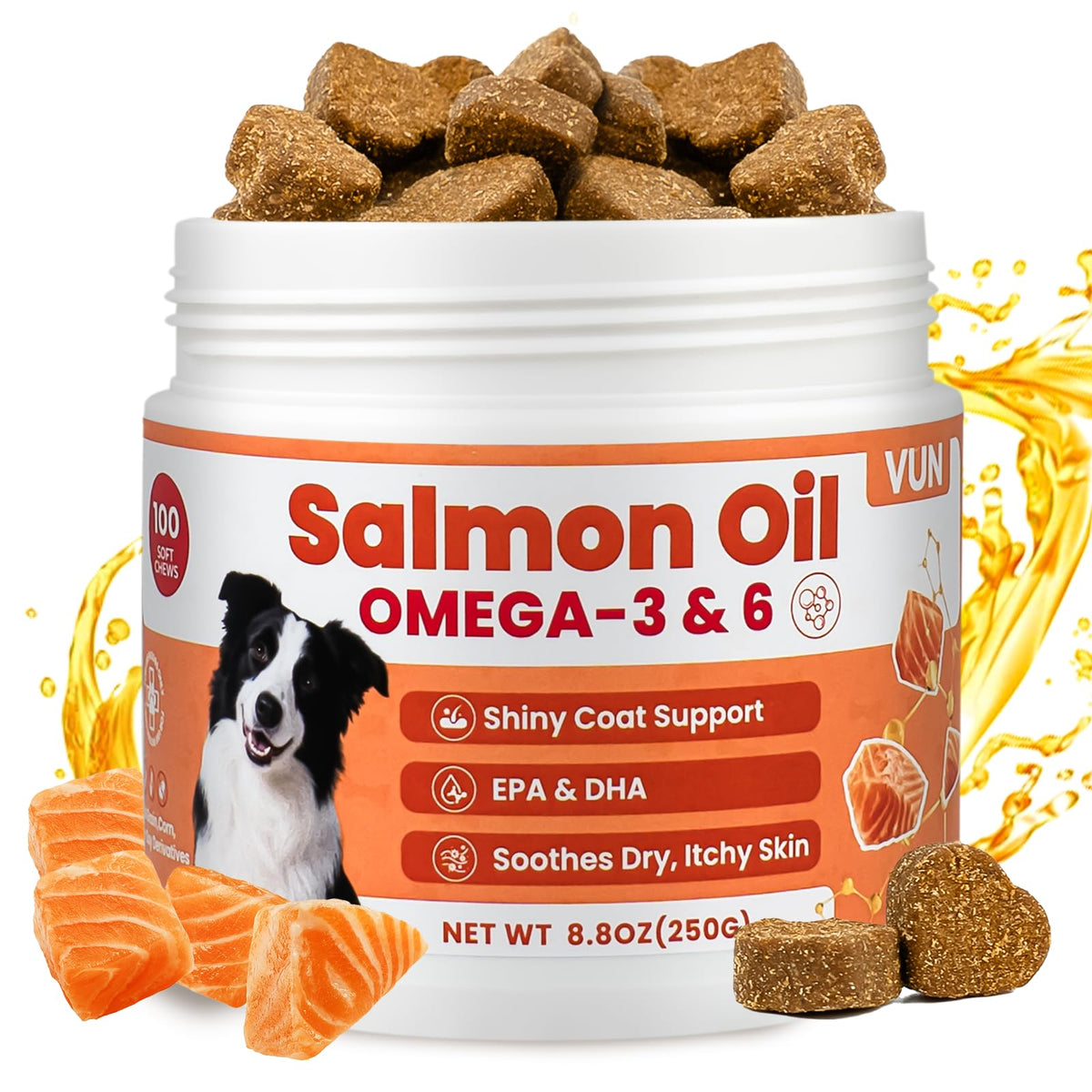 VUN Omega-3 para perros, bote de aceite de salmón, pelaje más brillante.