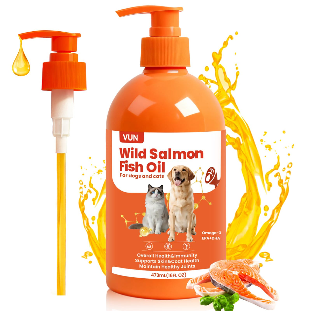 VUN salmon fish oil bottle with pump enables easy daily dosing for dogs and cats.