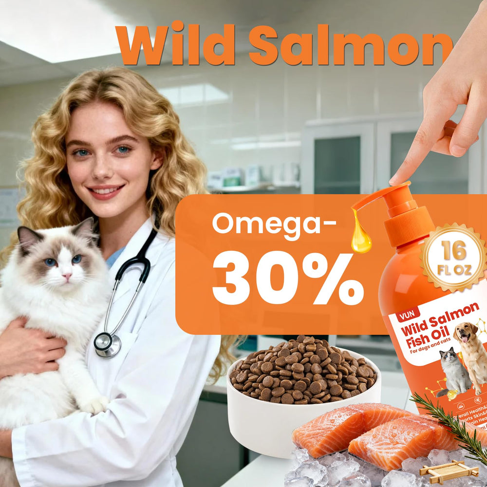 VUN salmon oil being mixed with dry food showcases convenient integration into meals.