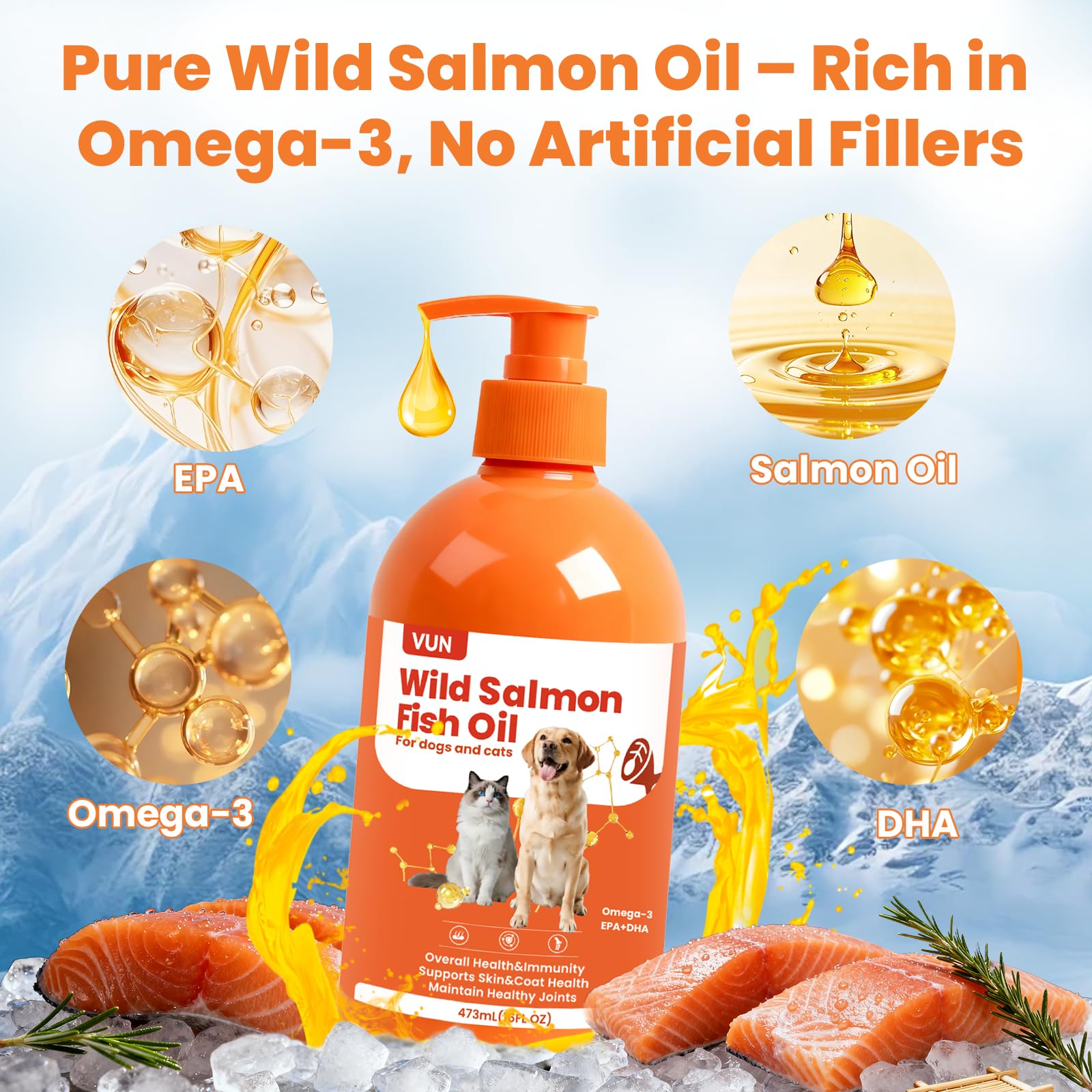 VUN salmon fish oil packaging emphasizes purity and GMP-certified quality for peace of mind.