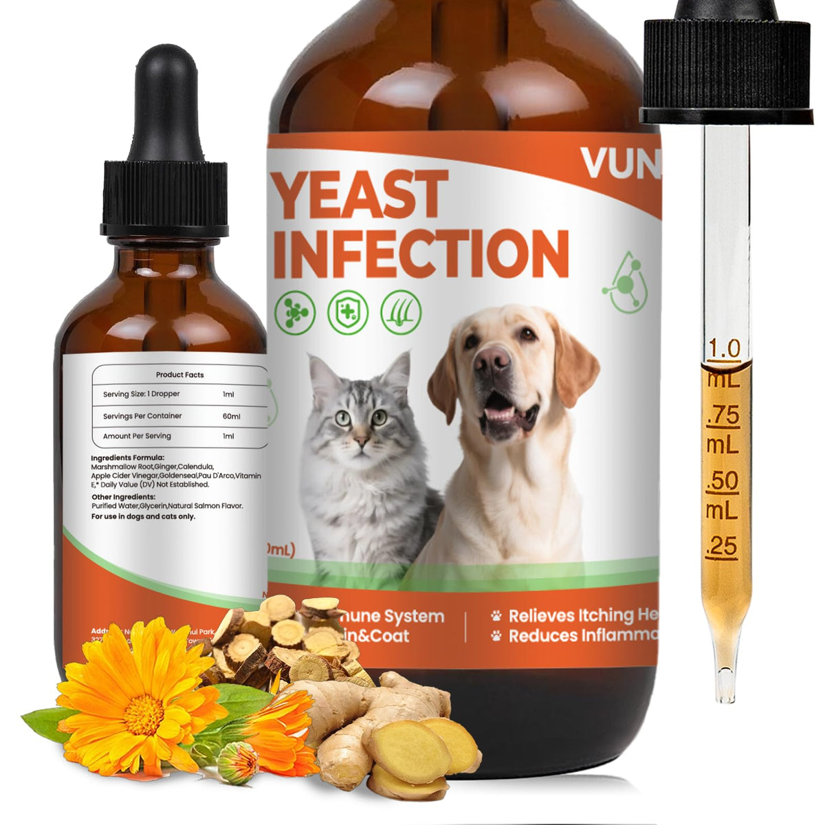 VUN tratamiento de levaduras para perros y gatos, posible alivio de molestias.