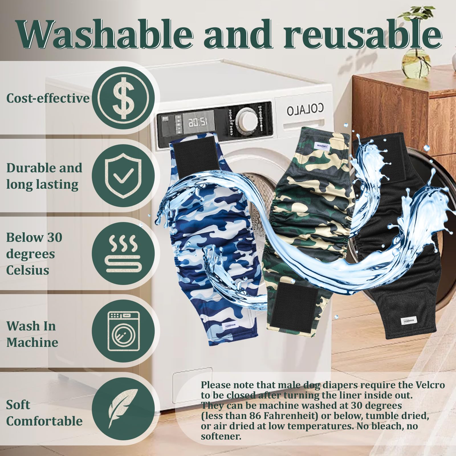 VUNCESSIN care guide shows machine washing for easy cleanup.