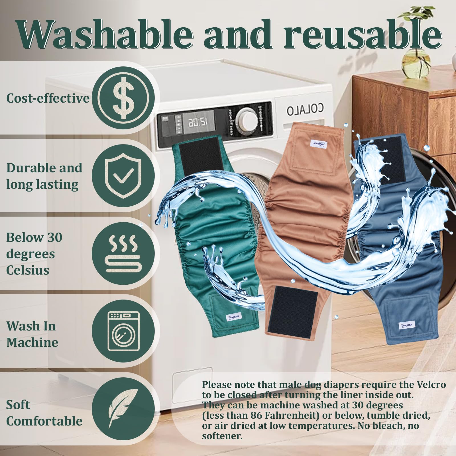 VUNCESSIN washable multi-pack care guide highlights easy washing and care