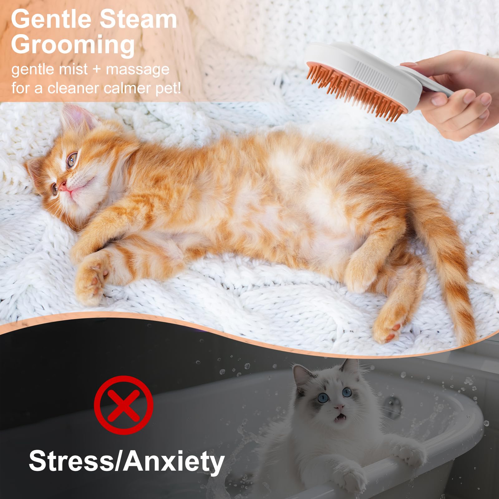 VVVVVW Steam Brush adjustable nozzle demonstrates customizable steam for sensitive pets.