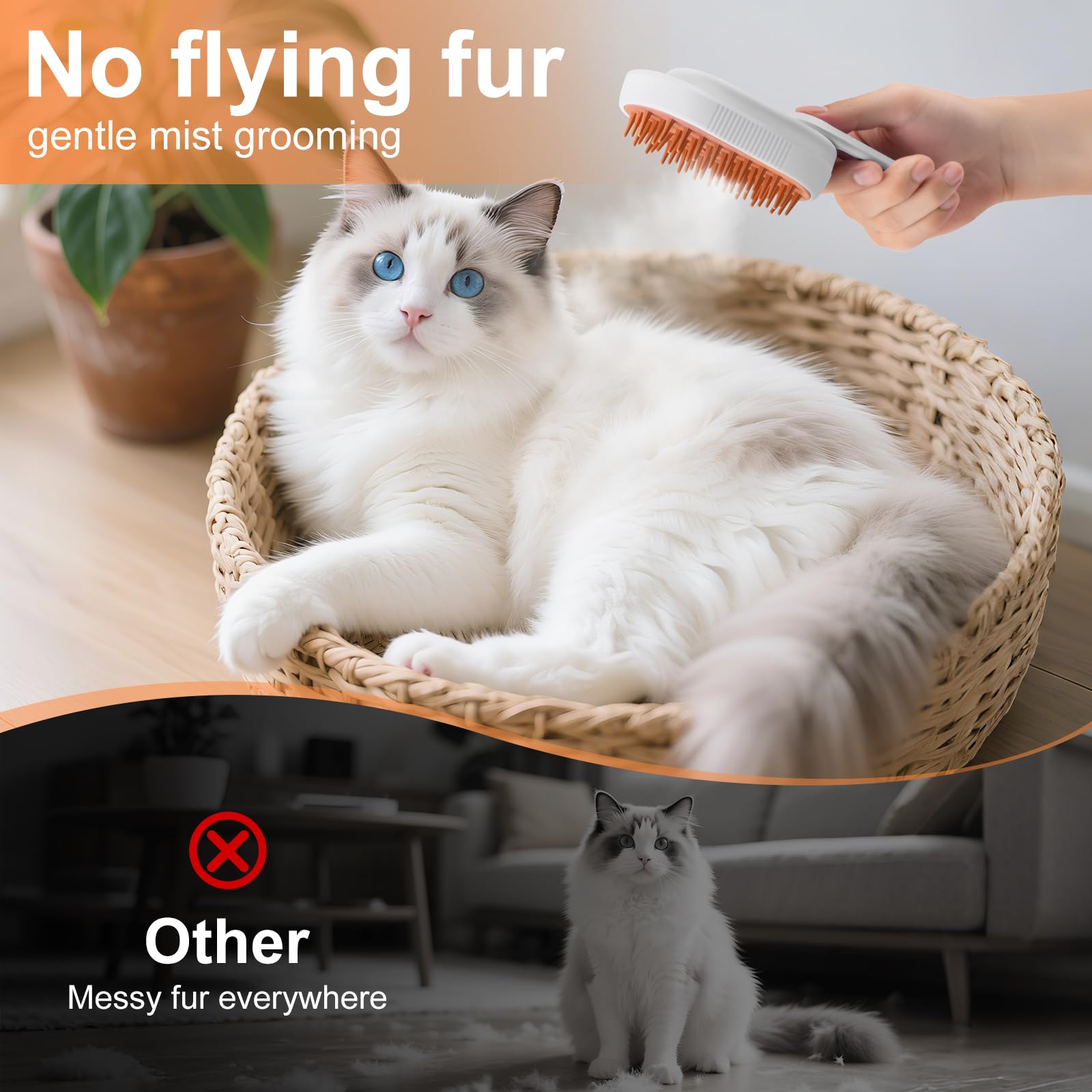 VVVVVW Steam Brush grooming-session illustrates efficient detangling and fur control.