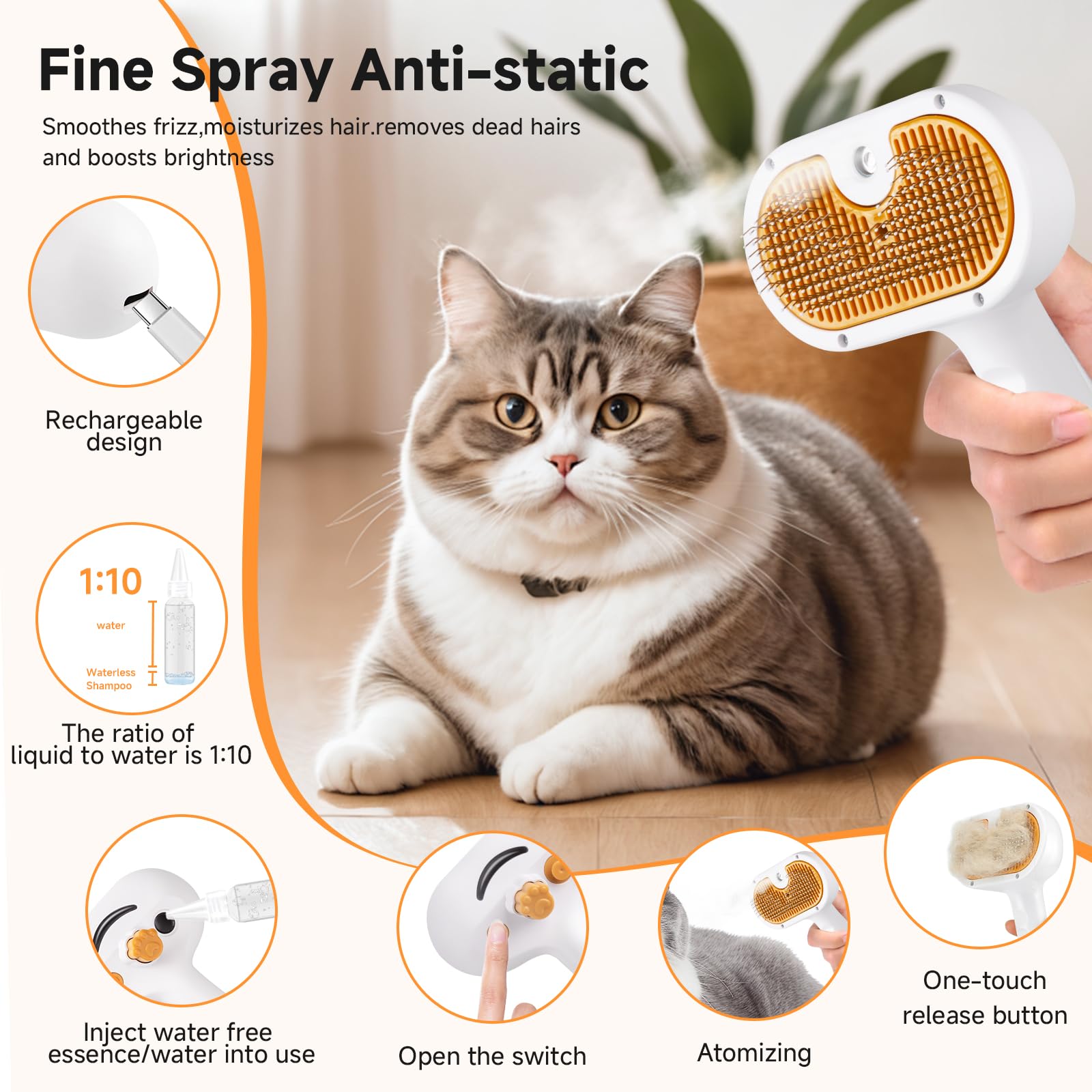 VVWVVW Pet Steam Brush dog-grooming angle demonstrates versatile use for dogs of all sizes