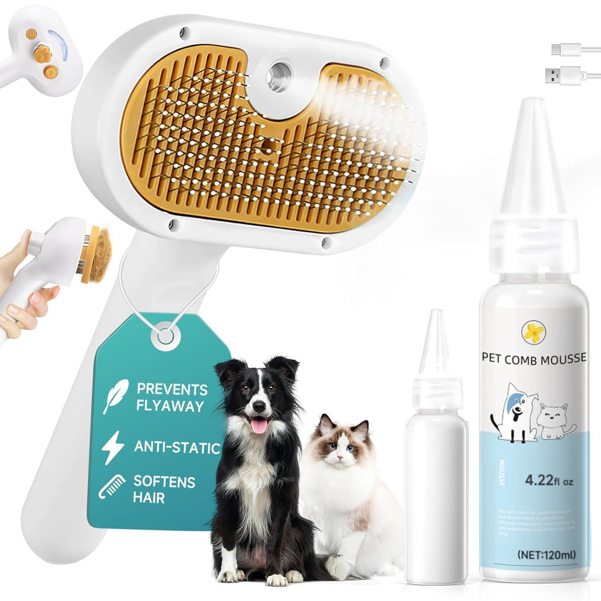 VVWVVW Pet Steam Brush front view shows 3-in-1 grooming for dogs and cats at home