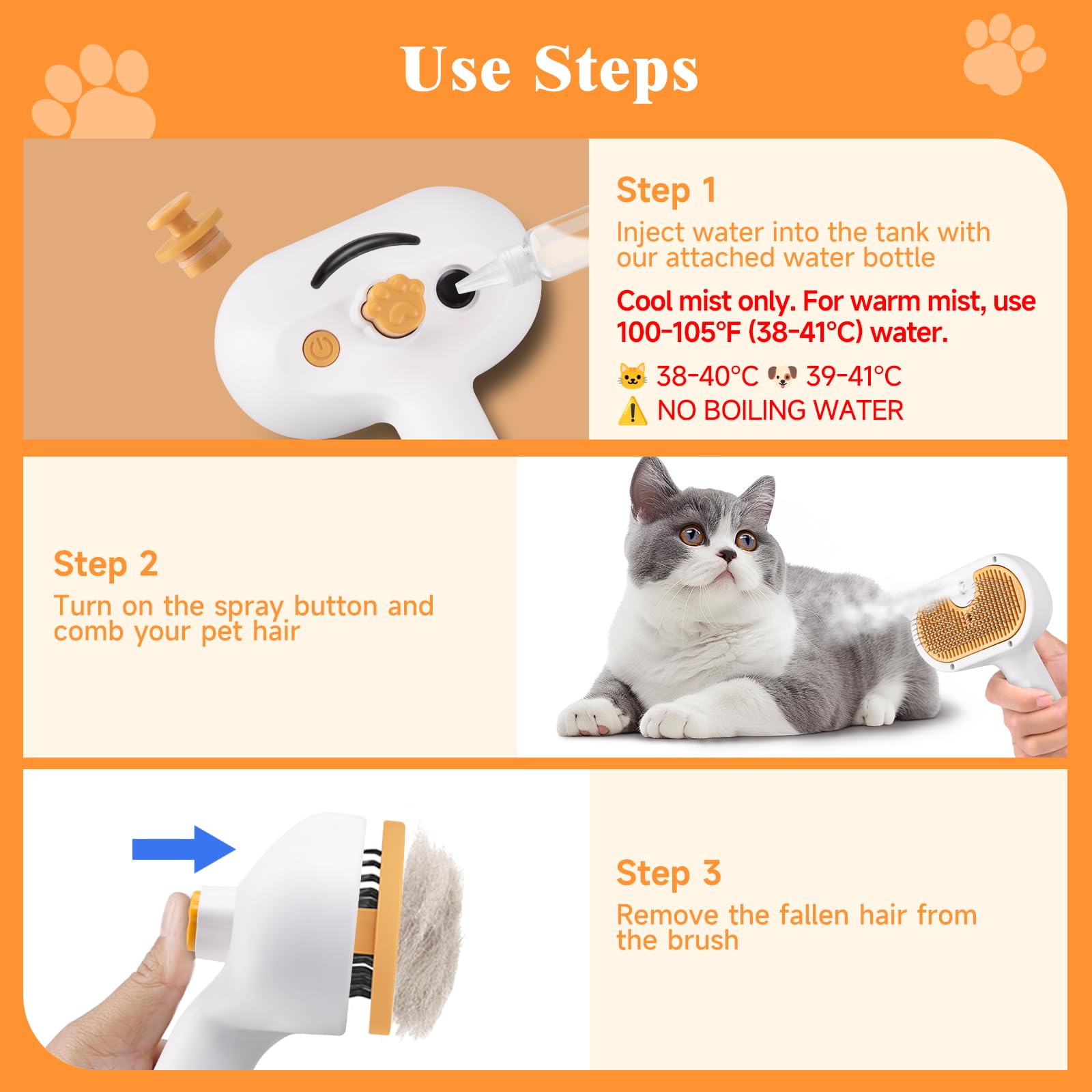 VVWVVW Pet Steam Brush soften-application highlights conditioner use to enhance coat shine