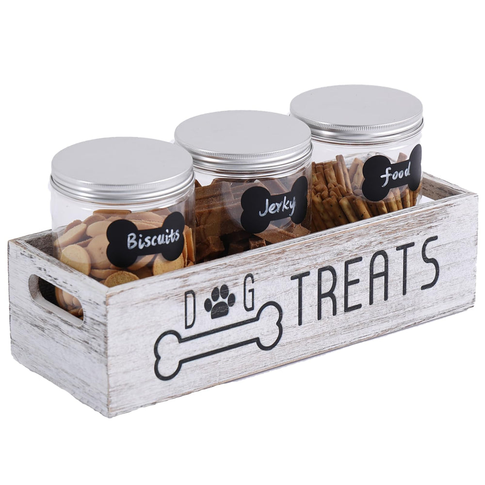 VZODESR dog treat container with wooden box and jars for organized snacks