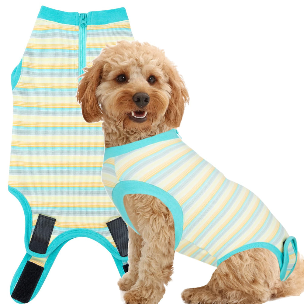 Wabdhaly recovery suit for dogs on model demonstrates breathable fabric for comfortable wear