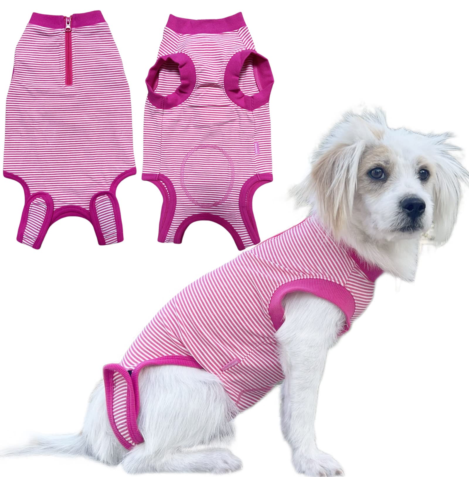 Wabdhaly recovery suit dogs zipper closeup shows easy-on design for post-surgery comfort.