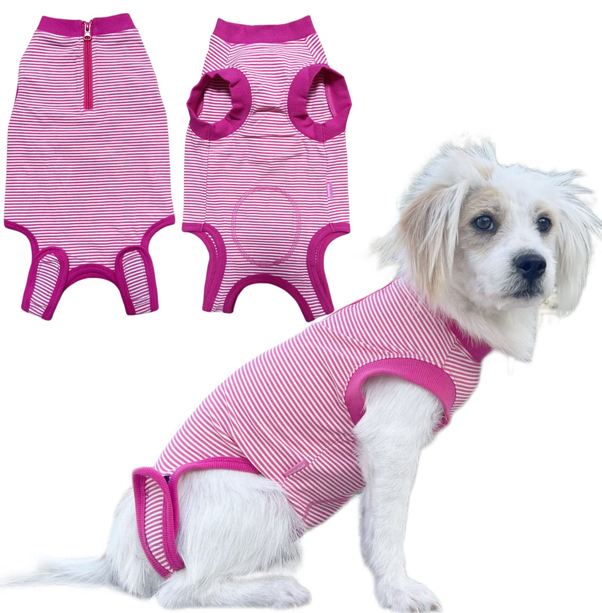 Wabdhaly recovery suit dogs zipper closeup shows easy-on design for post-surgery comfort.