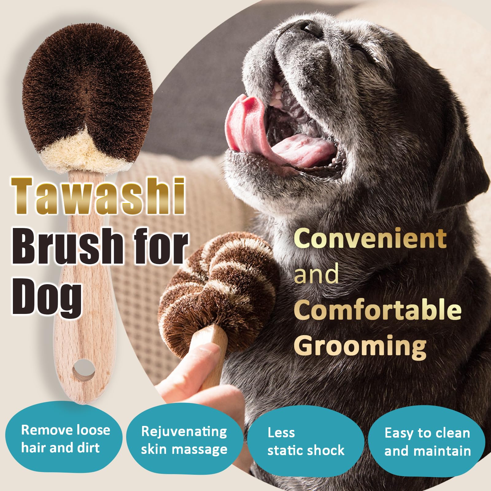 Wablade natural palm fiber dog brush for soft, low-static grooming
