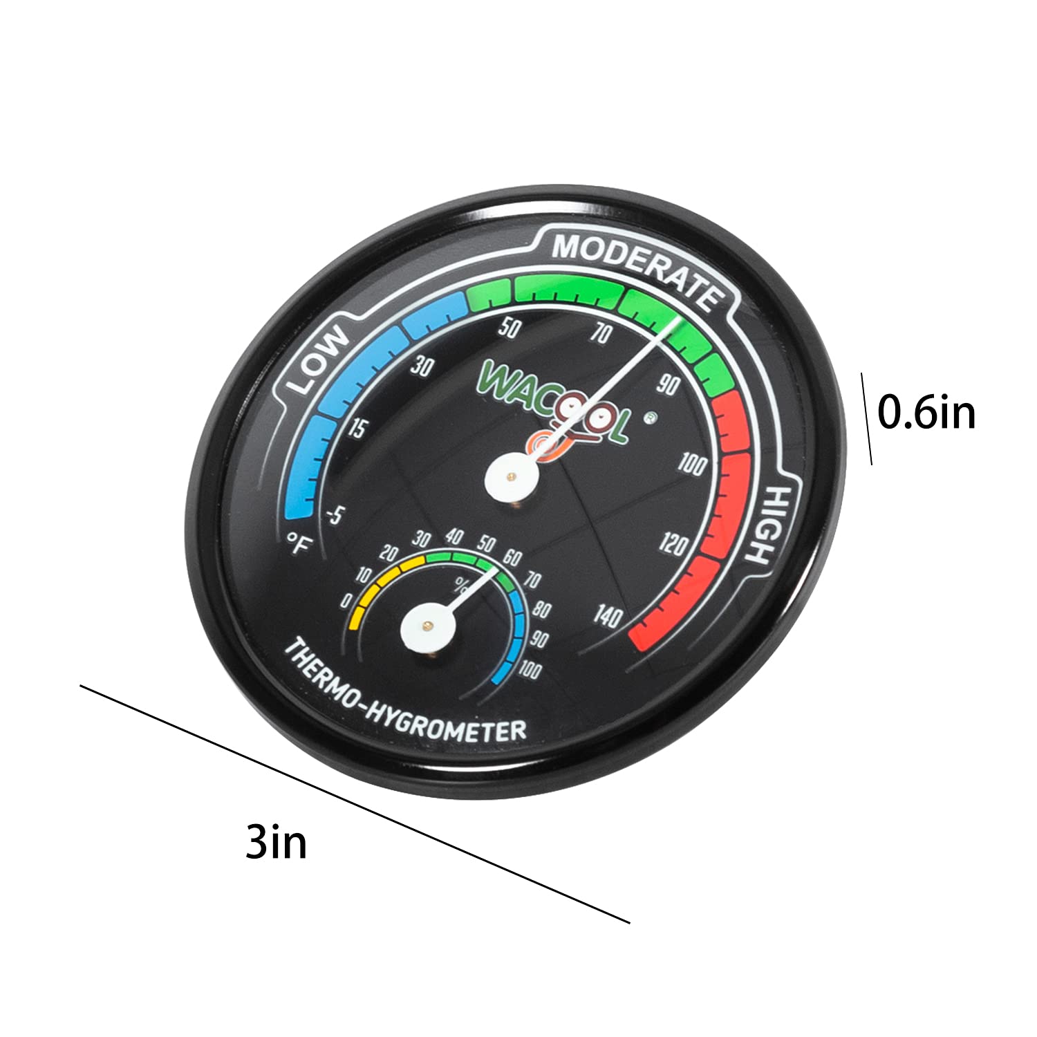 WACOOL hygrometer uses color coding to indicate cold, comfortable, and hot zones for quick checks.