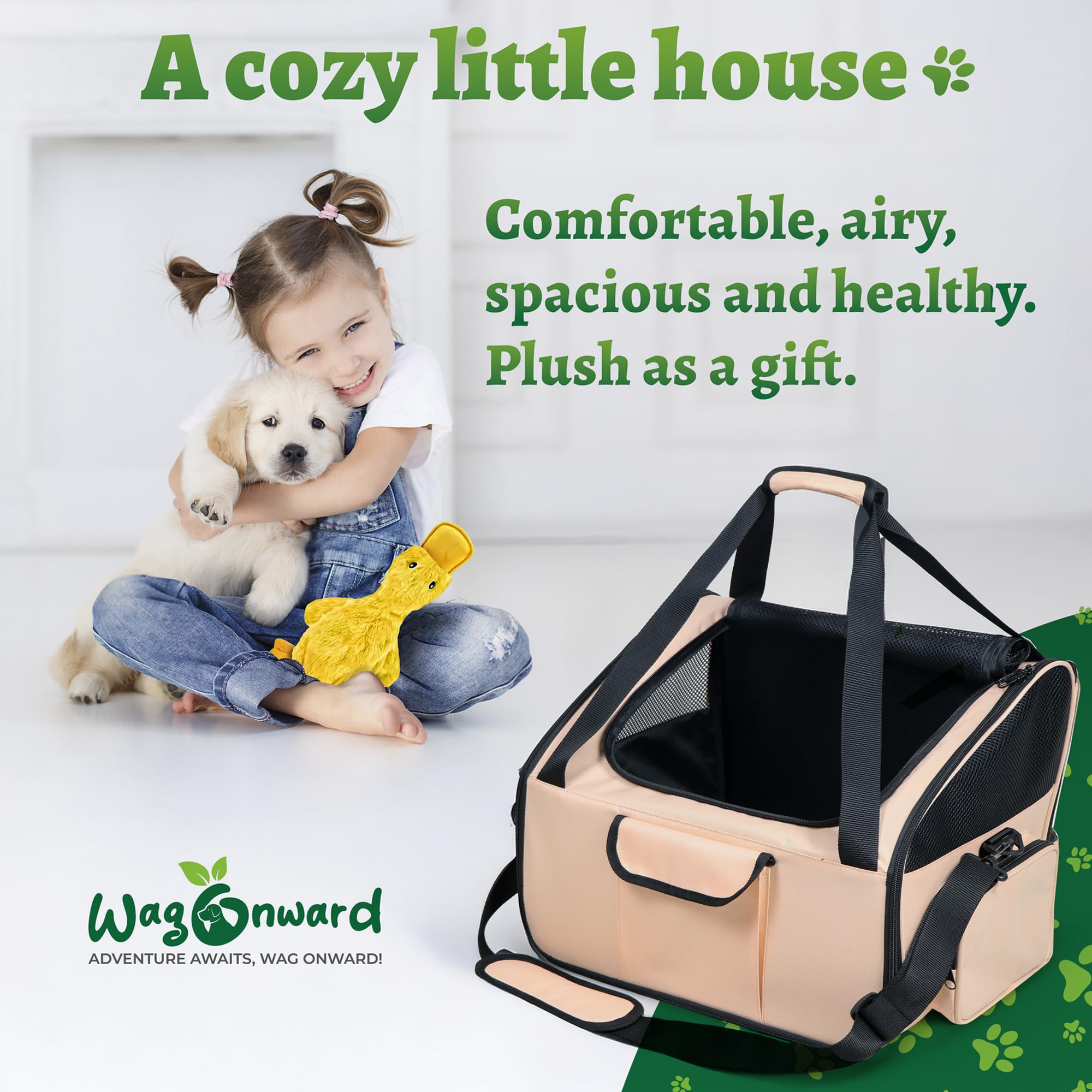 Wag Onward dog car seat secure fastening supports safe, confident travel.