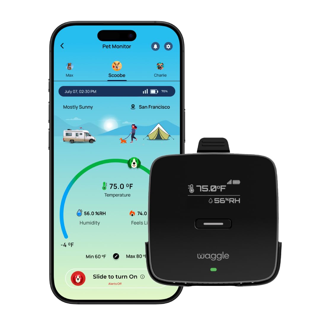 Waggle 4G pet temperature monitor front view showing real-time status alerts.
