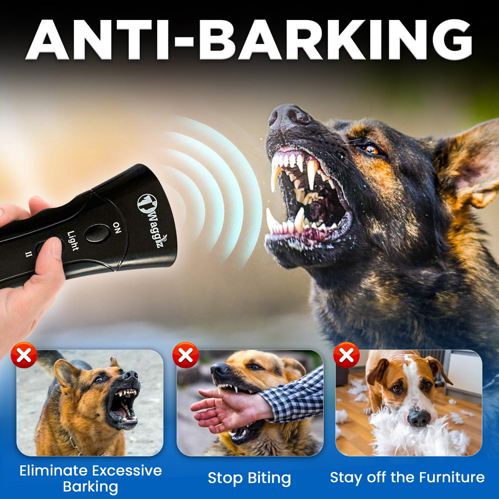 Wagglz Ultrasonic Bark Deterrent back view showing compact, safe design for homes
