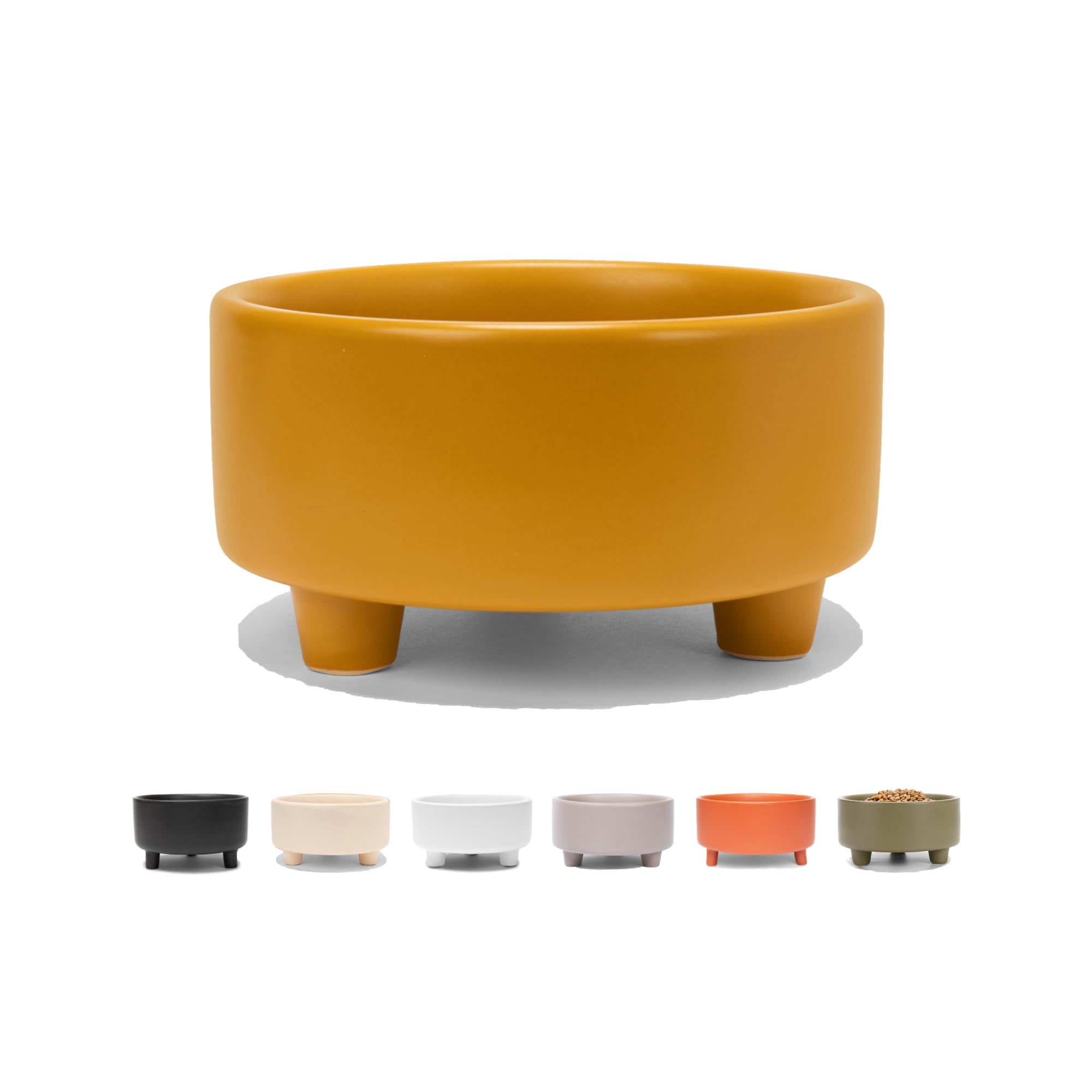 Waggo Uplift mustard ceramic bowl front view with elevated base for stable meals.