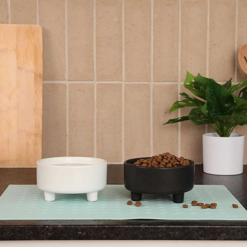 Waggo Uplift two bowls on a mat, space-efficient feeding setup.