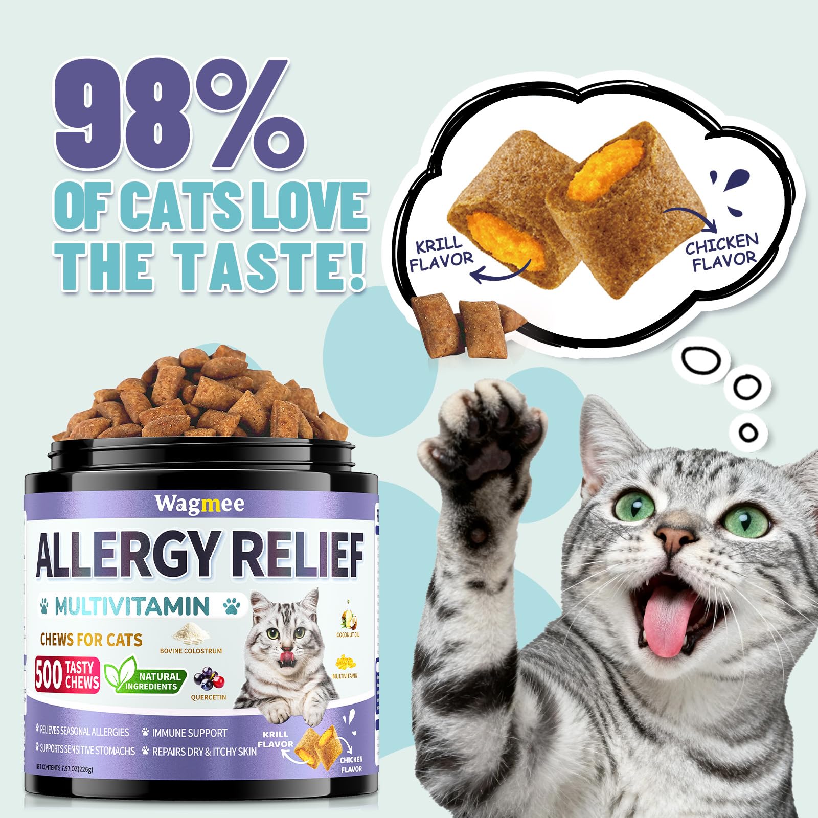 Wagmee cat allergy relief chews chicken and krill flavor for palatable seasonal support.