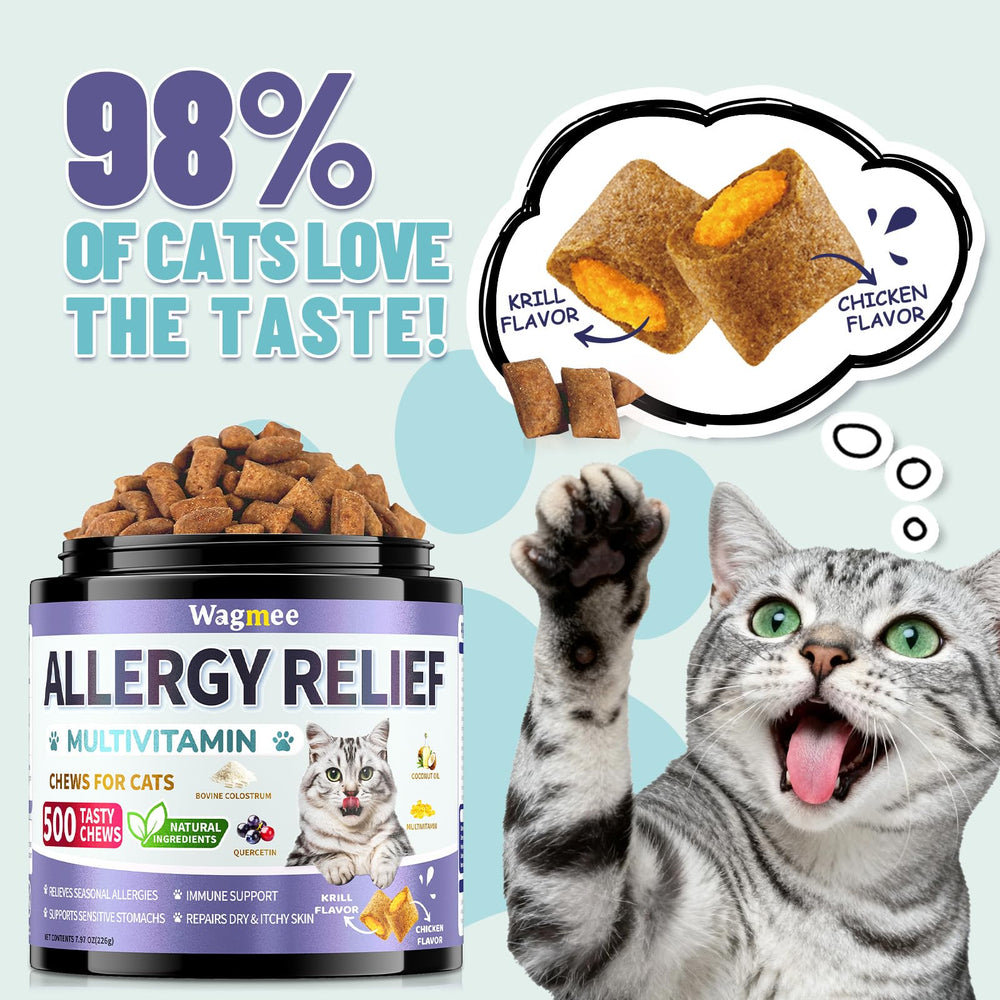 Wagmee cat allergy relief chews chicken and krill flavor for palatable seasonal support.