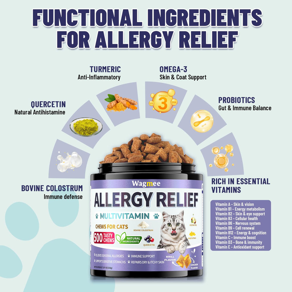 Wagmee cat chews include probiotics with 500 million CFU for gut-skin balance.