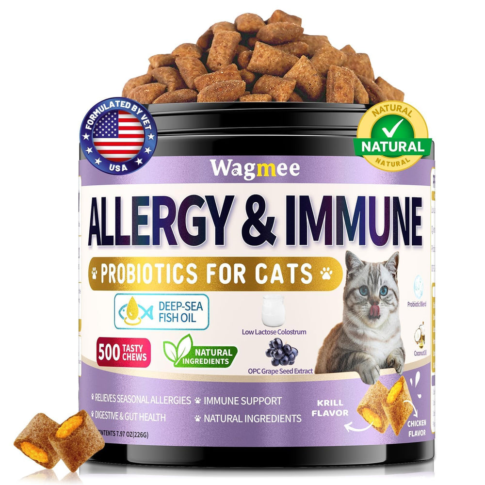 Wagmee cat allergy relief chews with crunchy shell and creamy center promote coat shine.