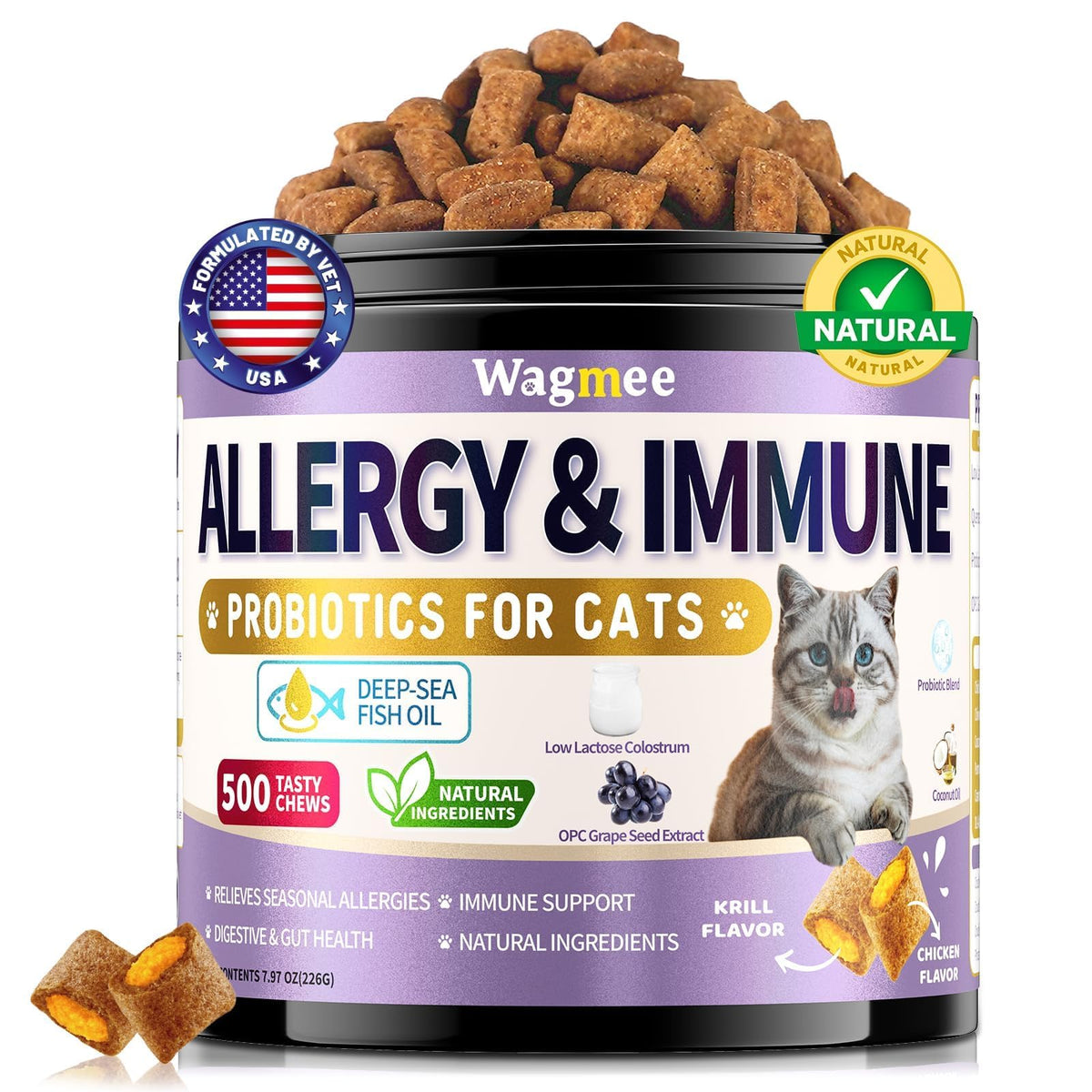Wagmee cat allergy relief chews with crunchy shell and creamy center promote coat shine.