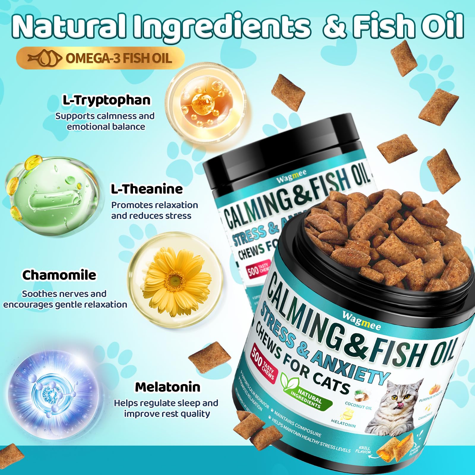 Wagmee Cat Calming Treats krill center underlines savory balance for mood support.