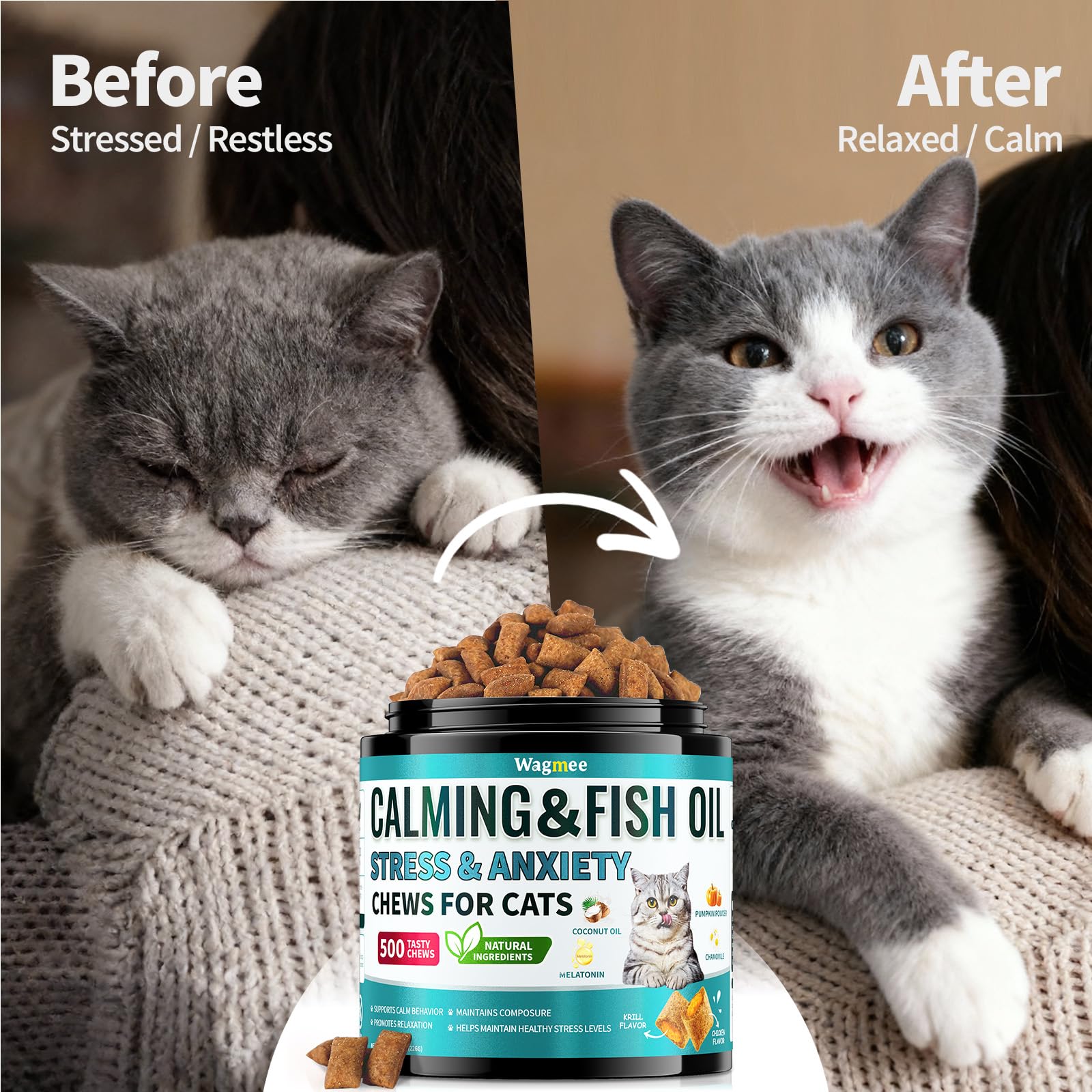 Wagmee Cat Calming Treats travel-friendly jar appeals to vet visits and outings.
