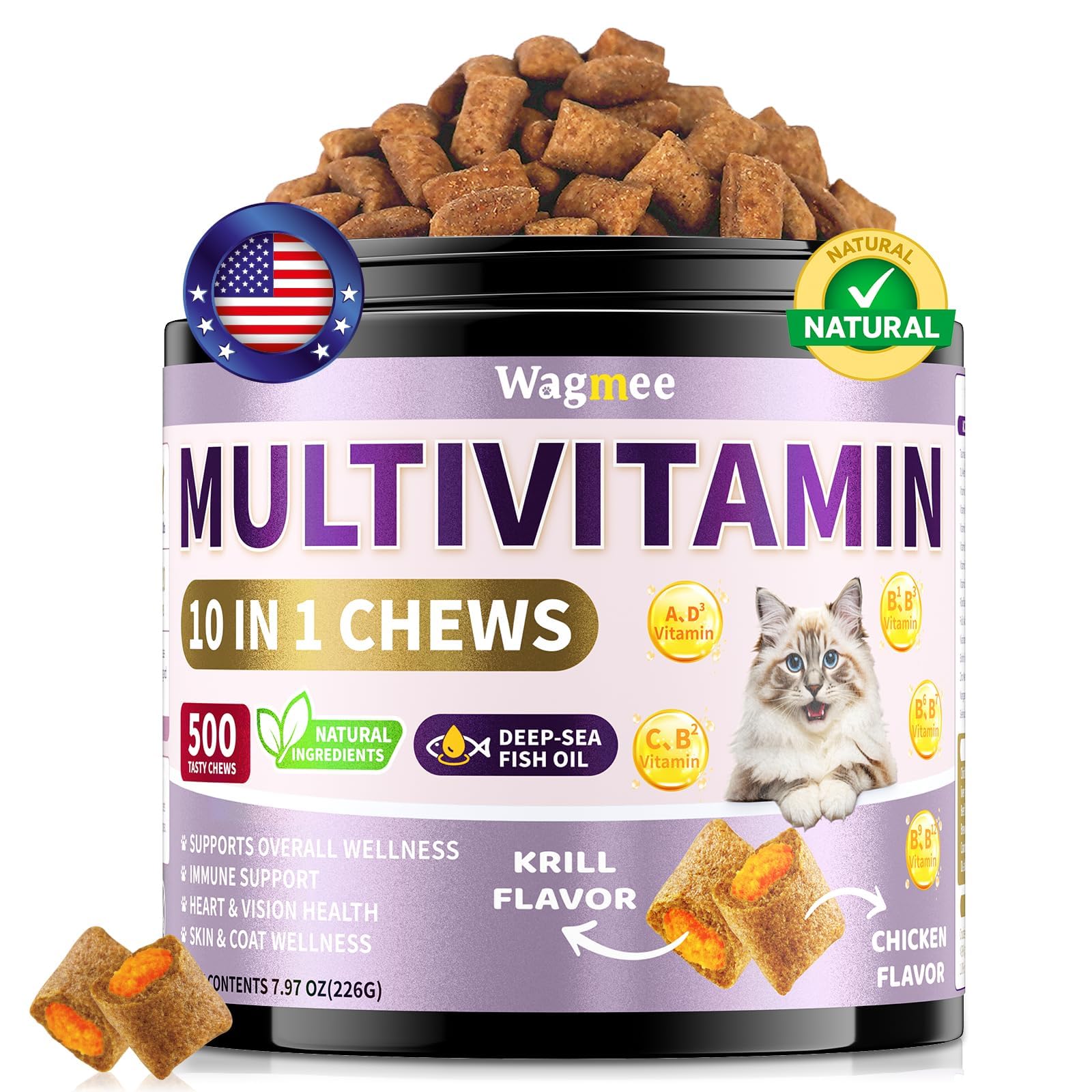 Wagmee cat multivitamin krill-flavor chews tub front for daily energy and coat health.