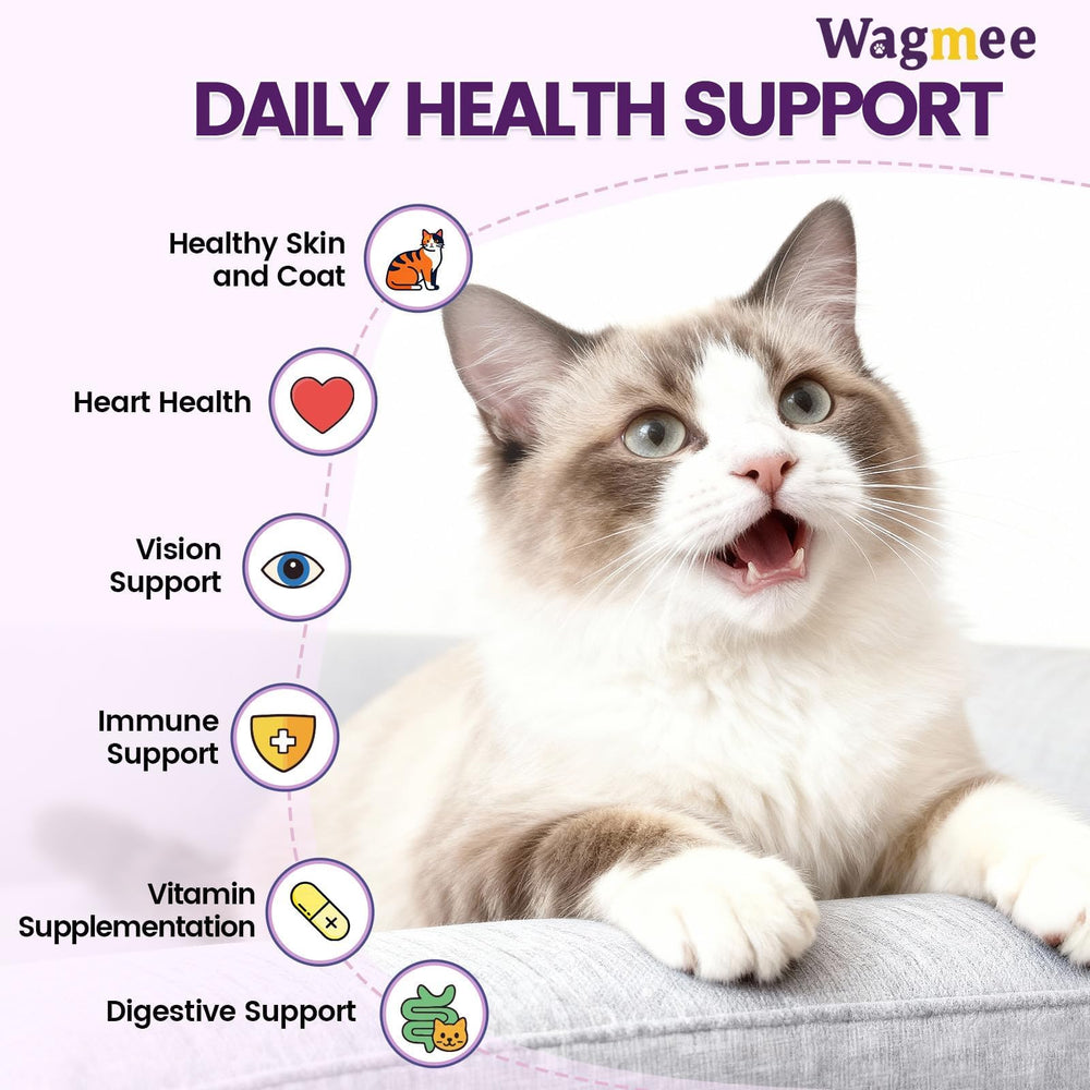 Wagmee taurine supports heart and vision in cat multivitamin image.