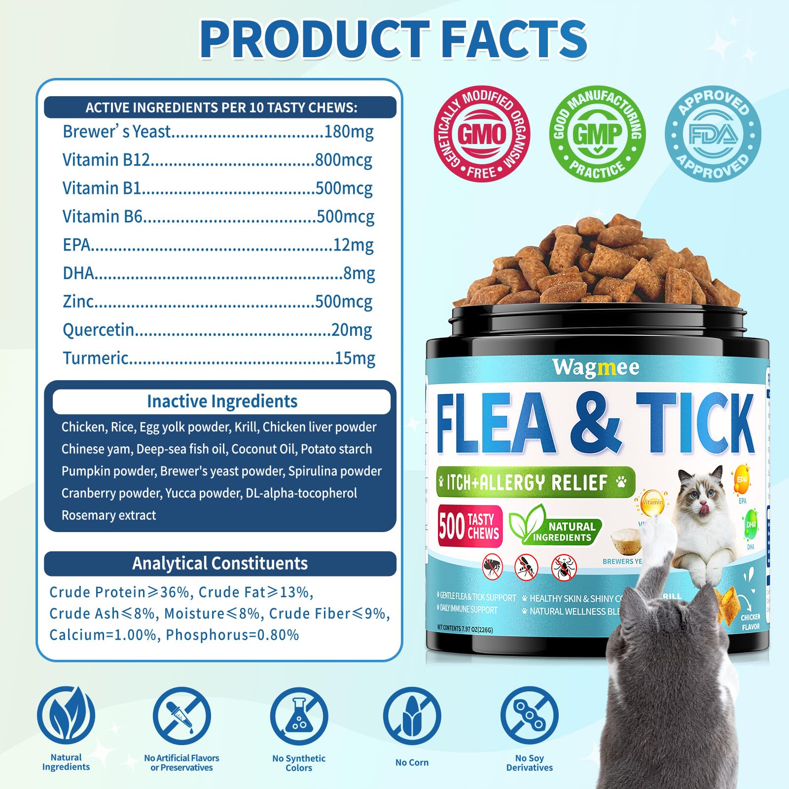 Wagmee Natural Cat Flea Chewables serving with paw-print background signals simple daily care