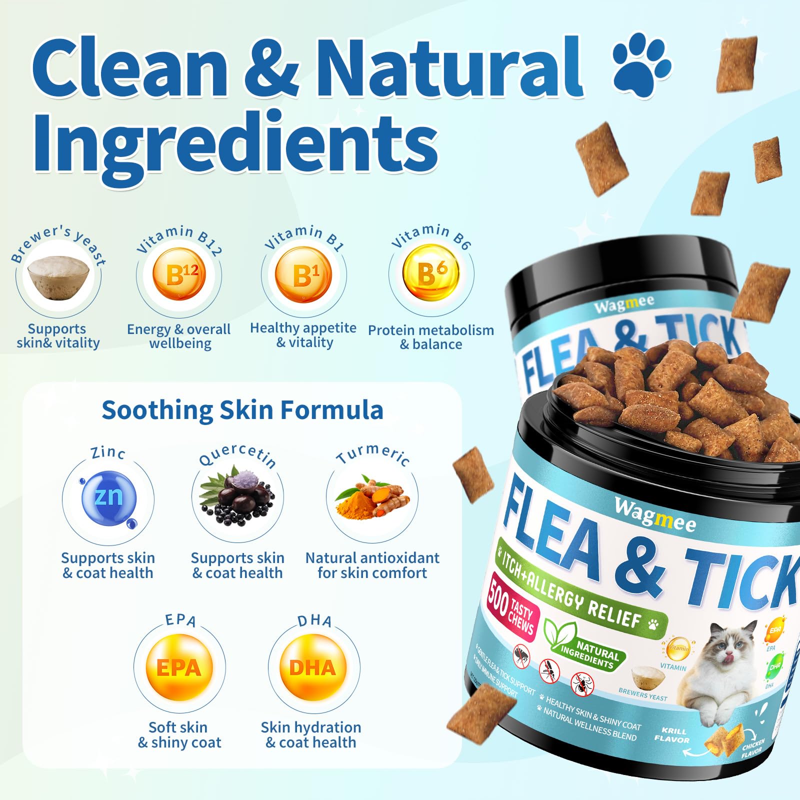 Wagmee Natural Cat Flea Chewables creamy center texture enhances palatability for picky eaters