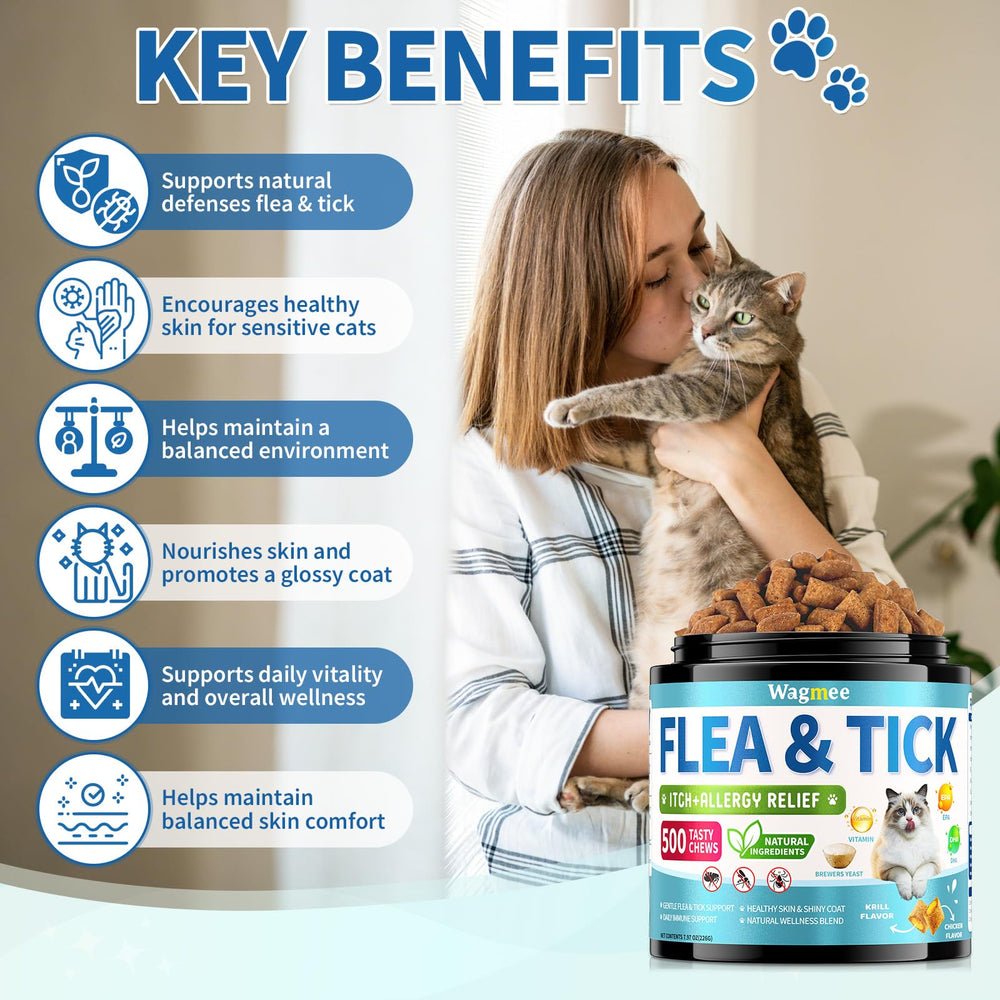 Wagmee Natural Cat Flea Chewables daily-use formulation suits kittens to seniors