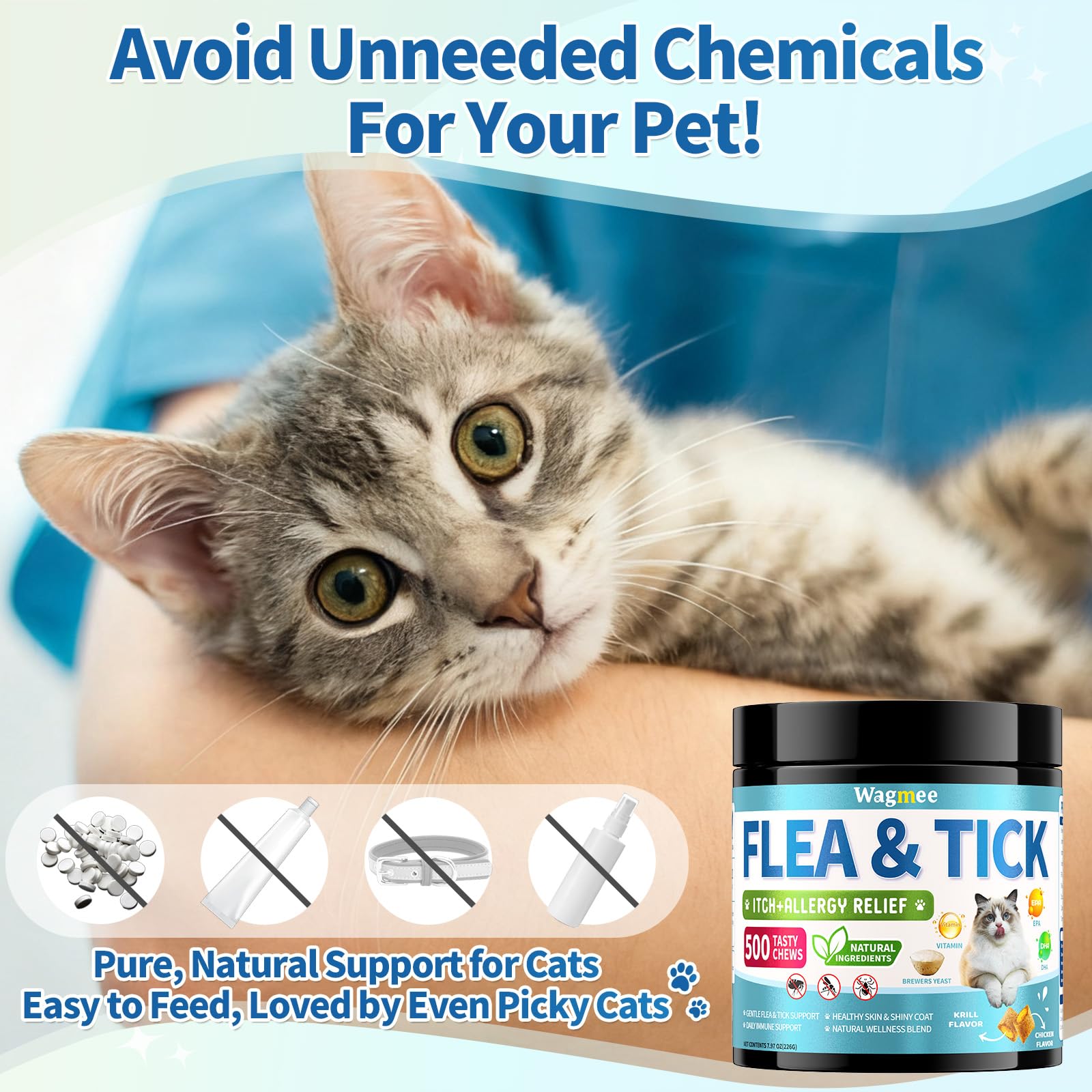Wagmee Natural Cat Flea Chewables bottle-storage scene supports mess-free dosing