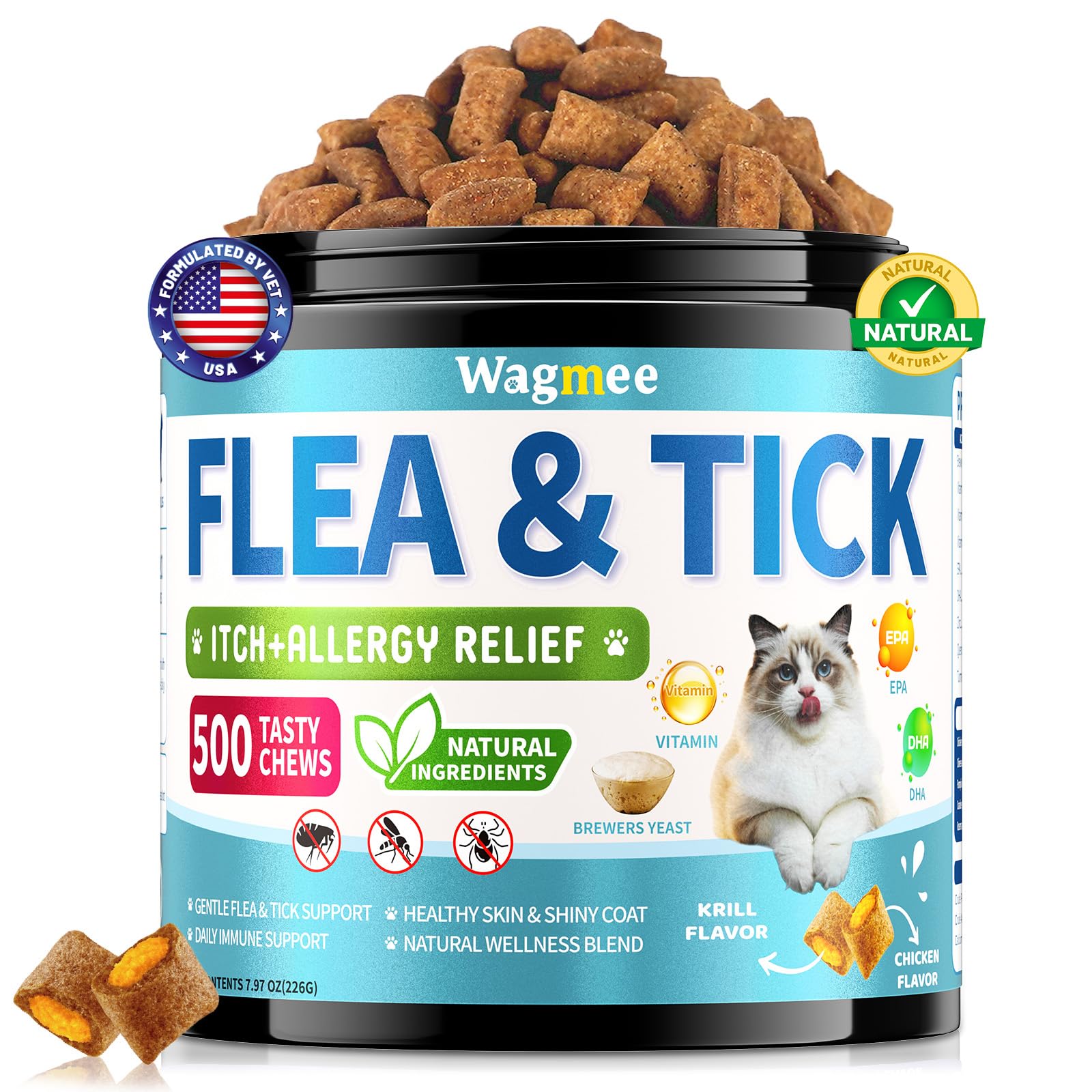 Wagmee Natural Cat Flea Chewables packaging demonstrates easy daily flea prevention for cats