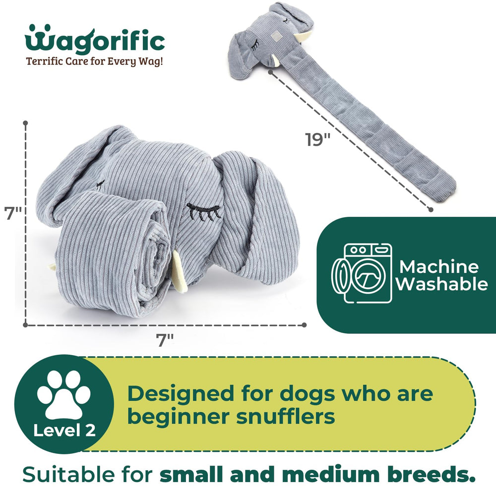 Wagorific Elephant Plush Washable image demonstrates easy machine washing for cleanup.