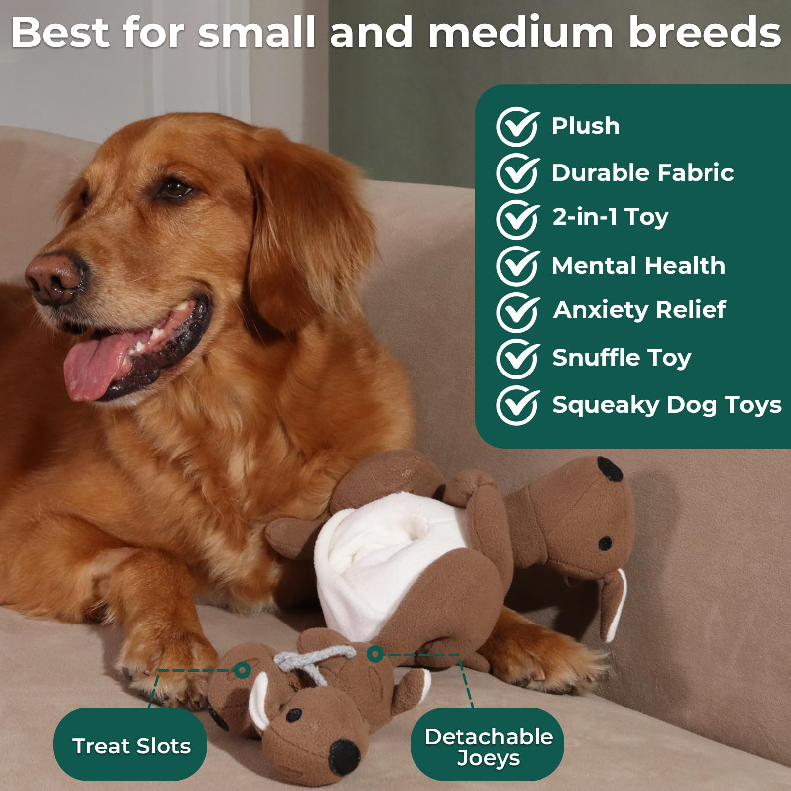 Wagorific Kangaroo Snuffle Toy open pouch demonstrates treat-dispensing interaction for dogs