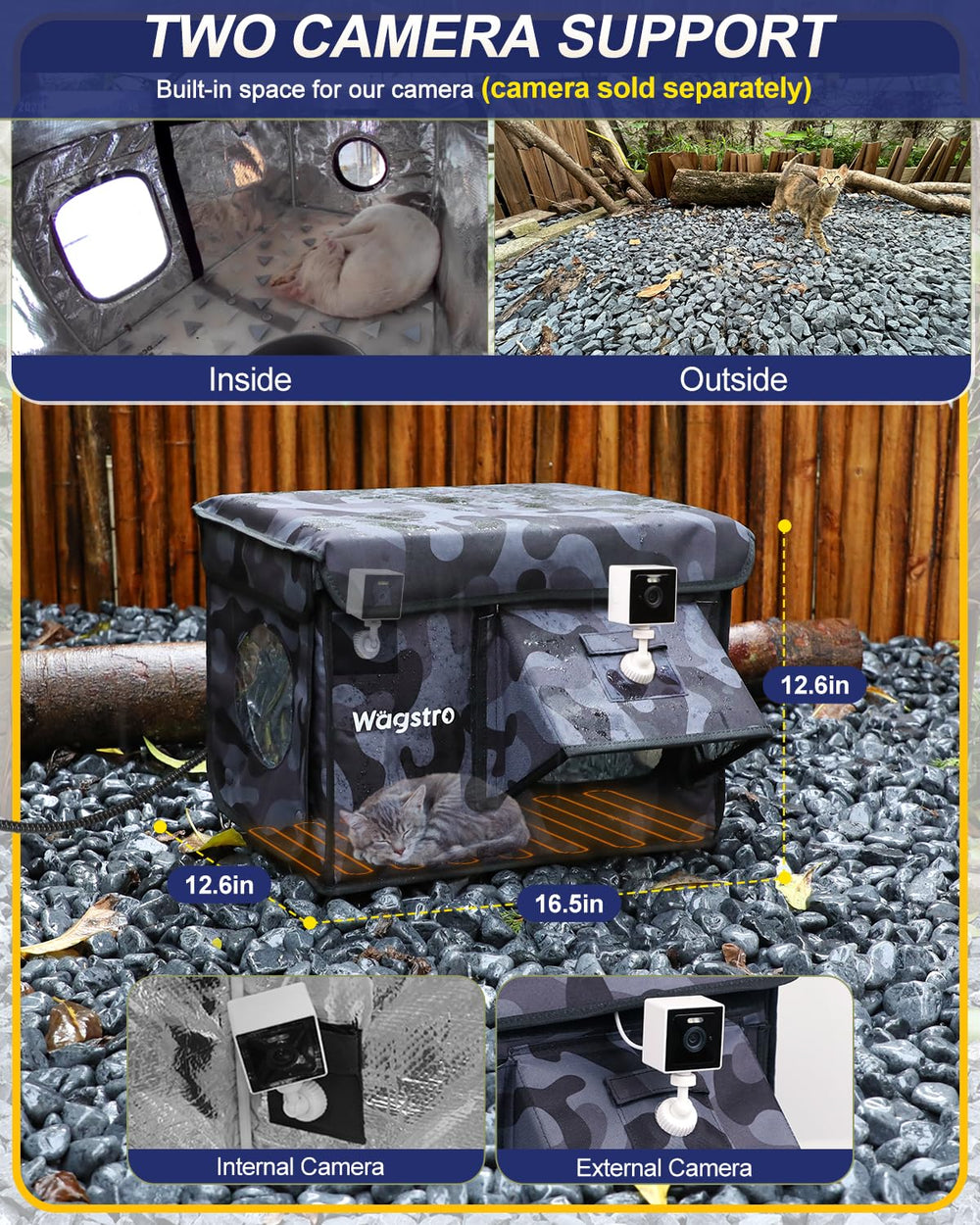 Wagstro black-camo outdoor cat shelter offers roomy space for cats of all sizes.